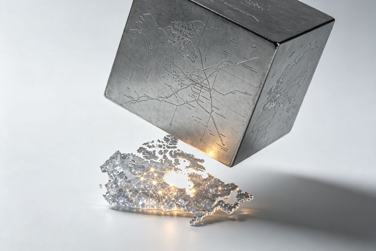 Un cubo plateado con los flujos económicos grabados representa a los EEUU sobre Canadá en el marco de las negociaciones por aranceles, soberanía y poder.