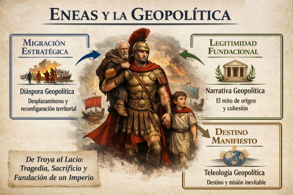 Infografía que vincula a Eneas con los conceptos geopolíticos de migración estratégica, legitimidad fundacional y destino manifiesto, con un sentido estoico.