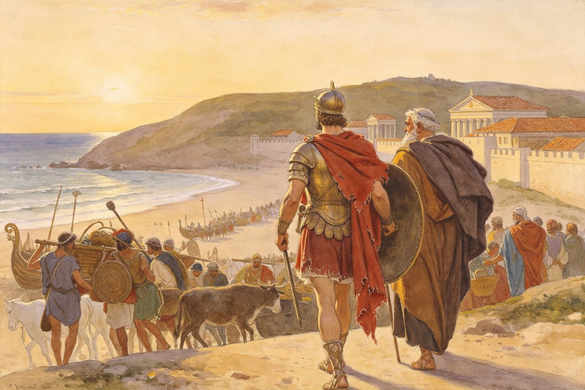 Acuarela ilustrando el concepto de migración estratégica, con Eneas de espaldas, viendo a sus seguidores frente al mar.