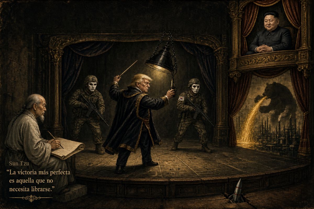 Trump apaga luces en teatro militar, Kim sonríe en palco, oso ruso vierte petróleo y Sun Tzu anota; misil asoma. 