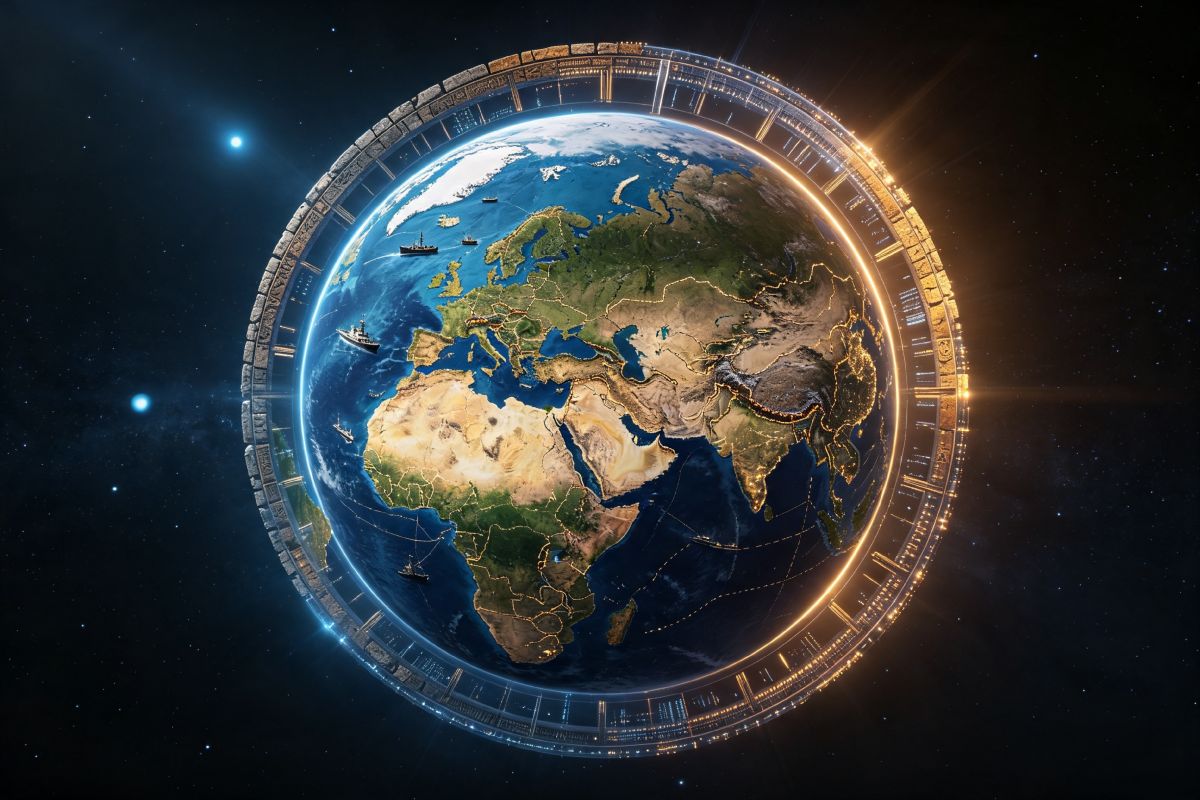 Imagen que presenta a la Tierra como punto azul pálido, la rueda de la anaciclosis y, el contraste entre poder marítimo y continental.