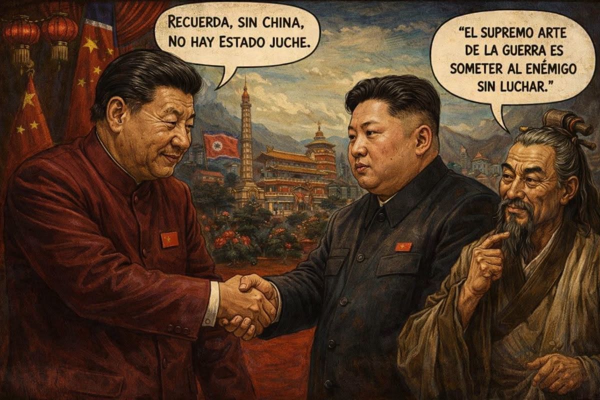 Caricatura editorial en la que Xi y Kim se dan la mano frente a la mirada crítica de Sun Tzu.