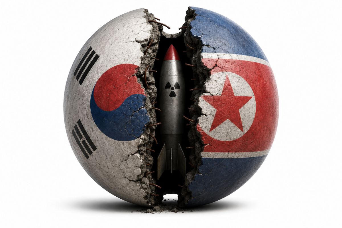 Un misil divide un globo en dos partes en disputa geopolítica; entre Corea del Norte y Corea del Sur; en fondo blanco.