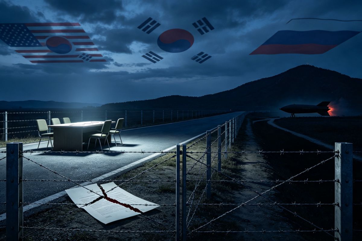Zona Desmilitarizada de Corea de noche: mesa de negociación iluminada frente a misil junto a montaña. Tratado rasgado en la frontera. Sombras de EE.UU., Corea y Rusia en cielo tenso. Paleta azul oscuro, gris y rojo tenue.