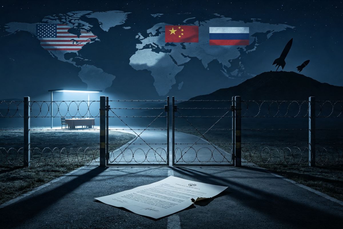 Ilustración geopolítica nocturna: camino fronterizo con verja y alambrada. A la izquierda, mesa de negociaciones brillantemente iluminada; a la derecha, montaña con siluetas de misiles.