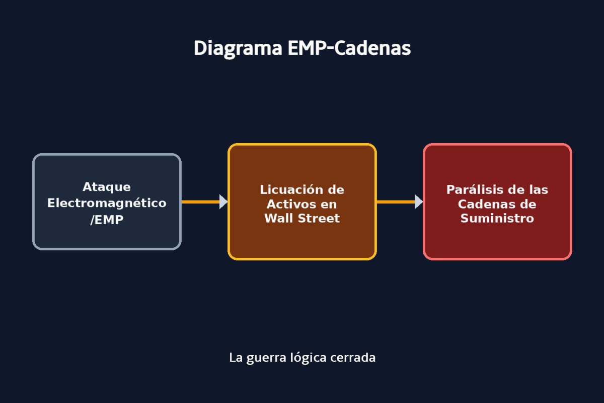 Diagrama sobre un ataque electromagnético y su incidencia en las cadenas de suministro. Colores azul, rojo y blanco, formato 3:2 conceptual. 
