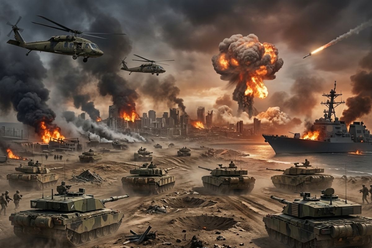 Ilustración de conflicto militar en algún lugar del mundo, representando una intensa red de fricciones operativas. Vehículos y armamento de guerra.