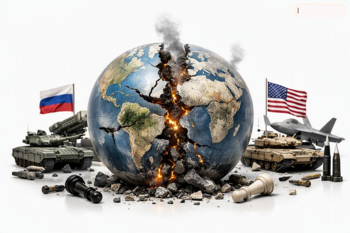 Ilustración hiperrealista de un mundo fragmentado envuelto en conflictos militares. Las potencias en combate, vehículos militares y piezas de ajedrez. 