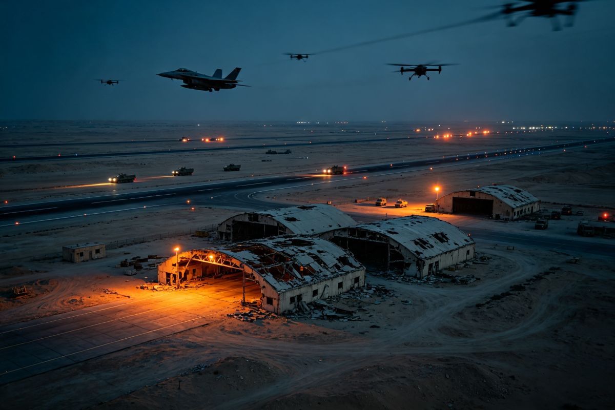Base aérea en zona desértica al atardecer, con hangares dañados y en reparación. Avión y drones sobrevuelan la instalación, mientras vehículos militares se desplazan por la pista. Símbolo de tensión, despliegue y riesgo de confrontación inminente.