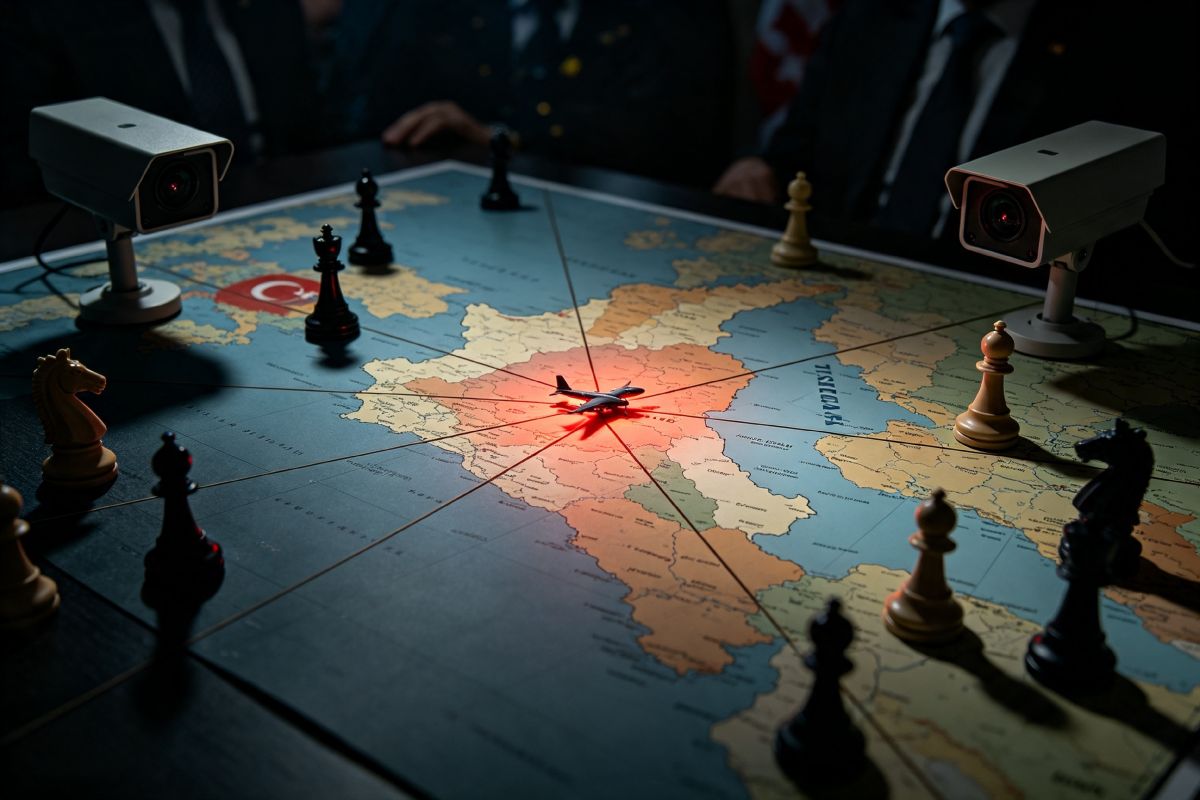 Mapa convertido en tablero de ajedrez: Siria brilla en rojo con un avión en su centro. Piezas de ambos lados y cámaras de vigilancia vigilan cada movimiento. Símbolo de tensión, competencia y riesgo de confrontación entre potencias.