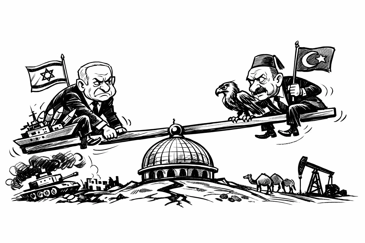Caricatura editorial en líneas a mano alzada que representa a los líderes de Israel y Turquía disputándose la influencia en Oriente Medio.