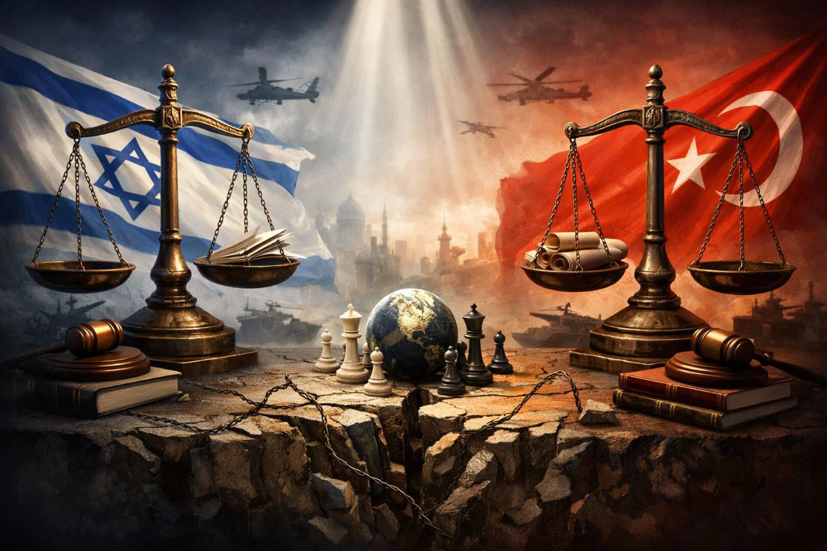 Ilustración hiperrealista y conceptual sobre la nueva guerra fría en Medio Oriente por influencia y poder.