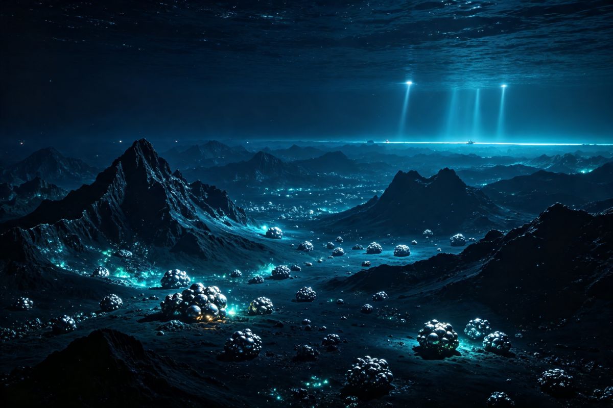 Llanura abisal inmensa y oscura, salpicada de nódulos metálicos que brillan tenuemente entre montañas submarinas. Haces de luz descienden desde la superficie, como miradas que buscan en la profundidad antigua los recursos que definen el poder de nuestra era.