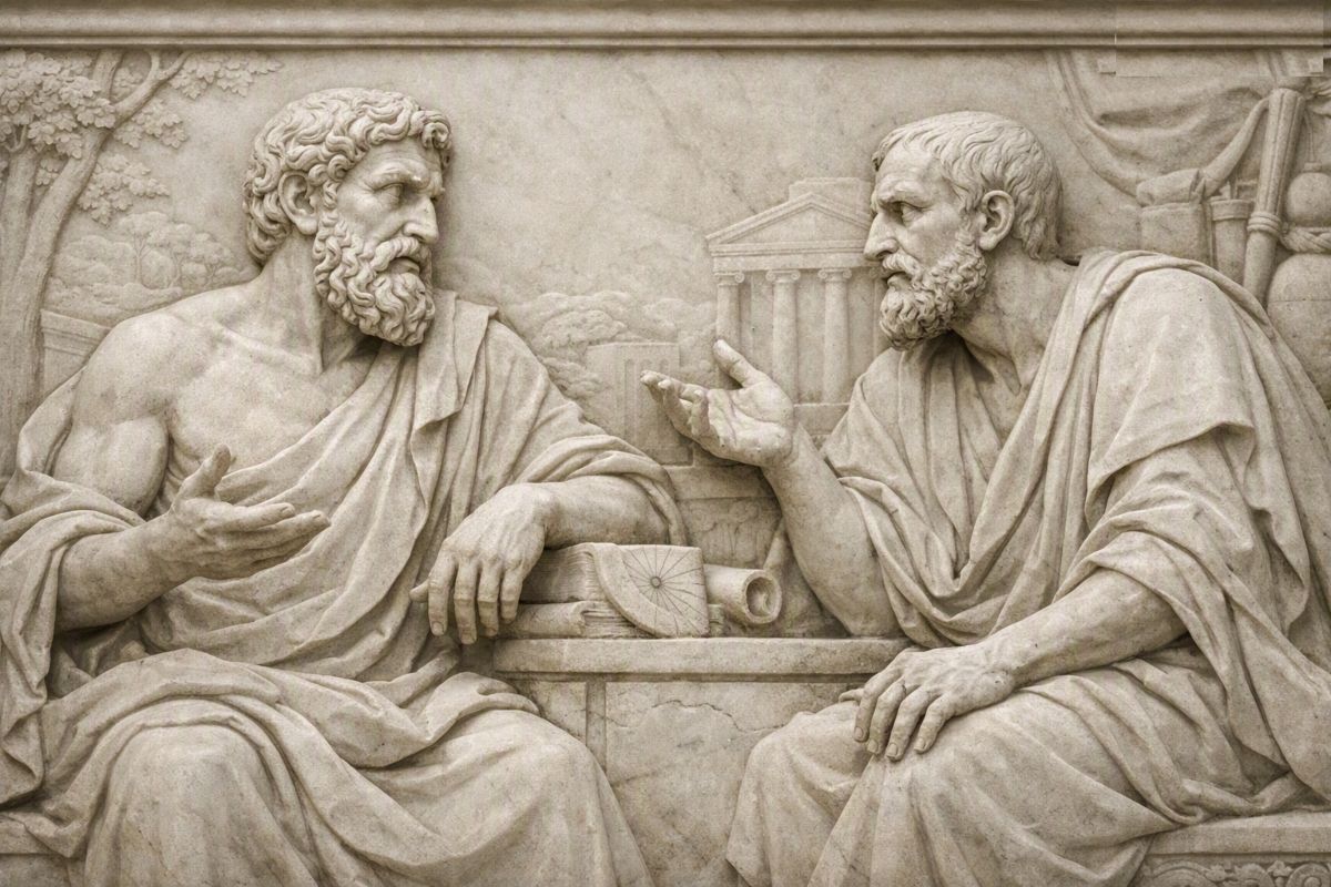 Mural en mármol clásico representando a los filósofos Epicuro y Epicteto dialogando sobre el concepto de paciencia estratégica.