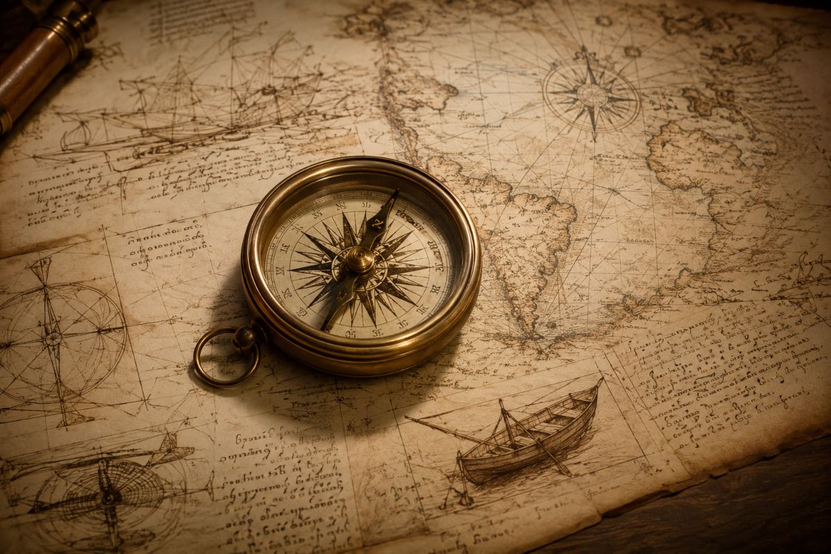 Una brújula sobre un mapa renacentista en escala de colores sepia simboliza los nodos estratégicos del comercio mundial.