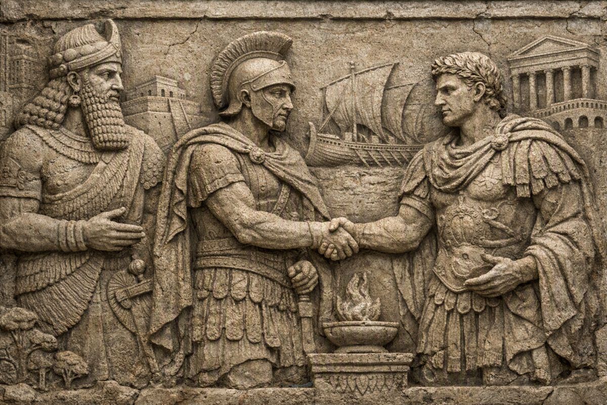 Relieve conceptual e hiperrealista en piedra envejecida donde aparecen Gilgamesh, Temístocles y Augusto en una escena diplomática.