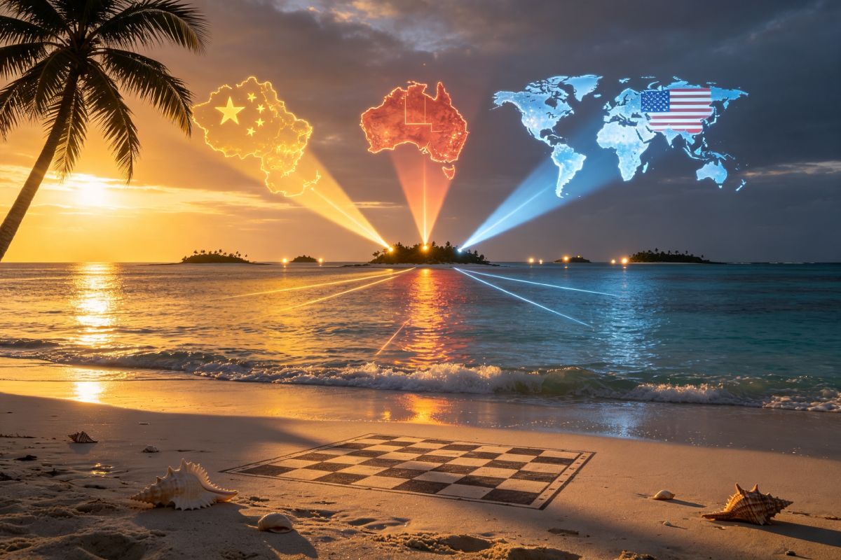 Playa del Pacífico Sur al atardecer: tablero de ajedrez en la arena, islas proyectan luces hacia mapas luminosos de China, Australia y EE.UU. en el cielo. Metáfora del archipiélago como nuevo centro geopolítico mundial.