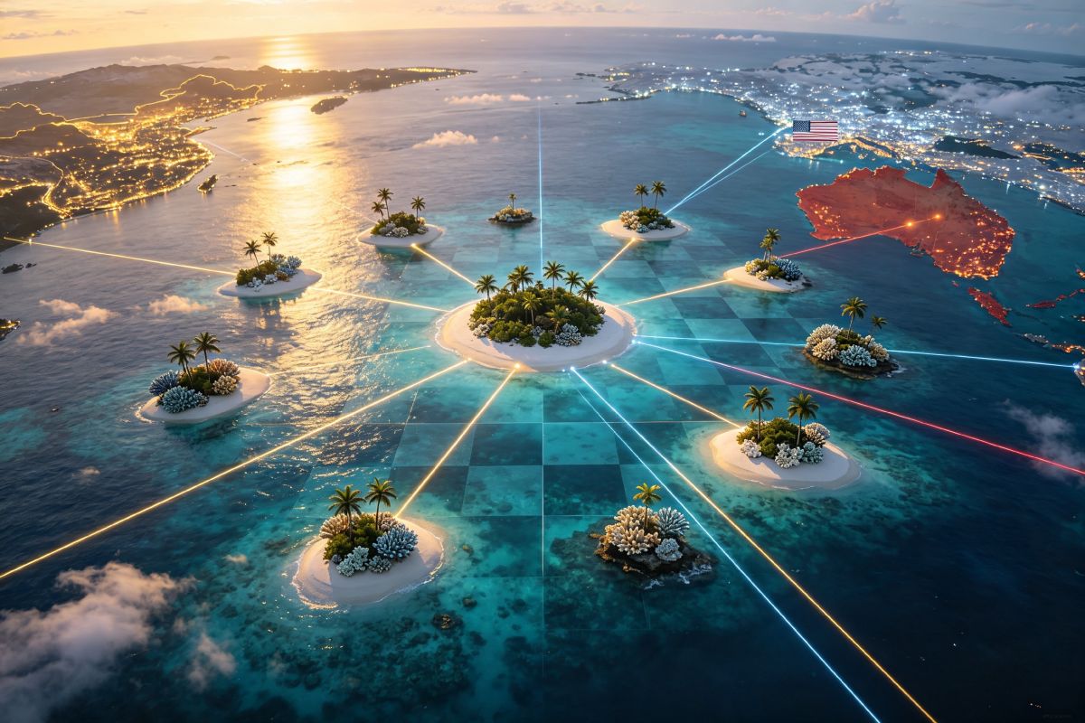 Vista aérea del Pacífico Sur: catorce islas sobre tablero de ajedrez marino. Líneas luminosas doradas, rojas y azules conectan cada archipiélago con China, Australia y EE.UU., simbolizando su lucha por influencia y el nuevo equilibrio mundial.