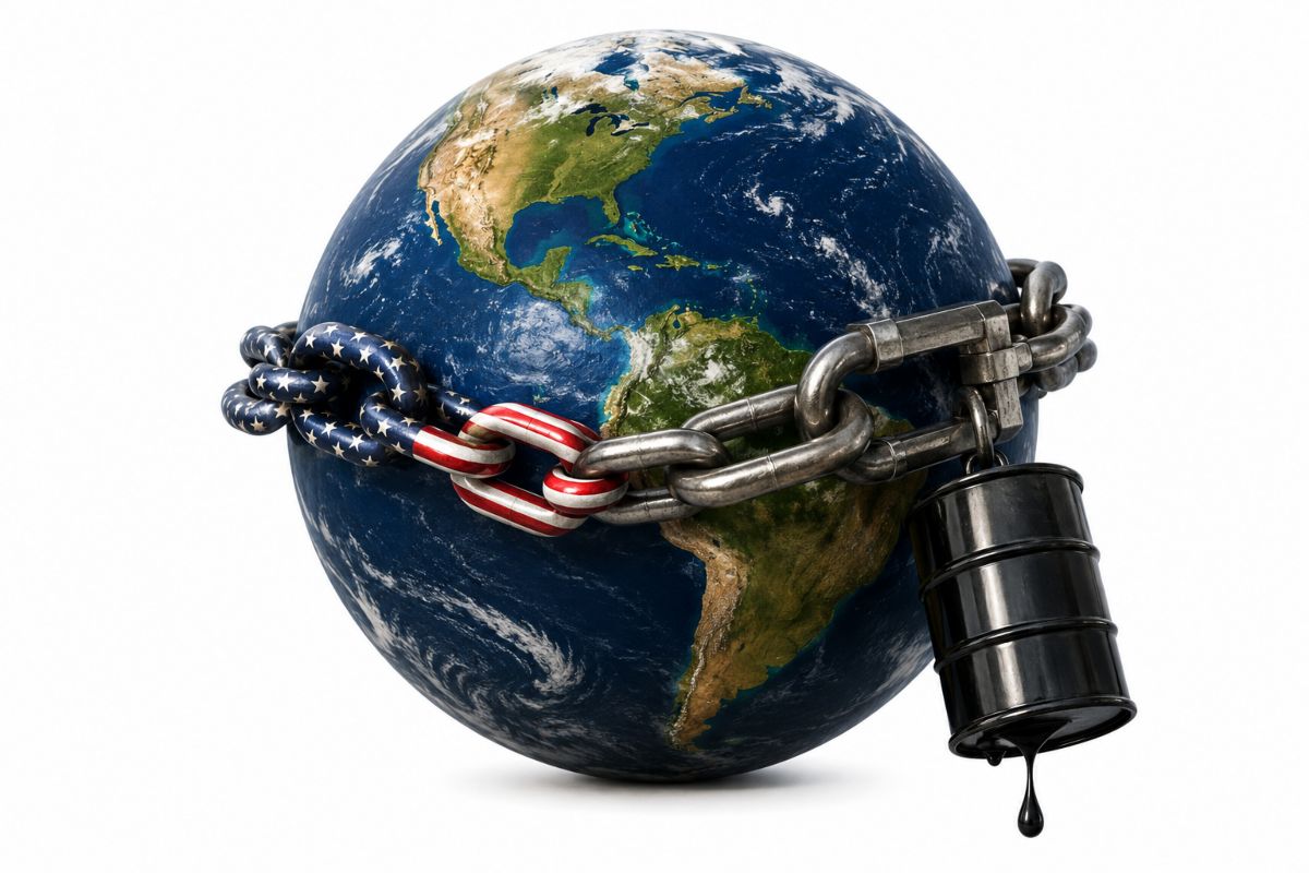 Globo terráqueo de América encadenado con eslabones de bandera estadounidense y un barril de petróleo negro al costado crudo.