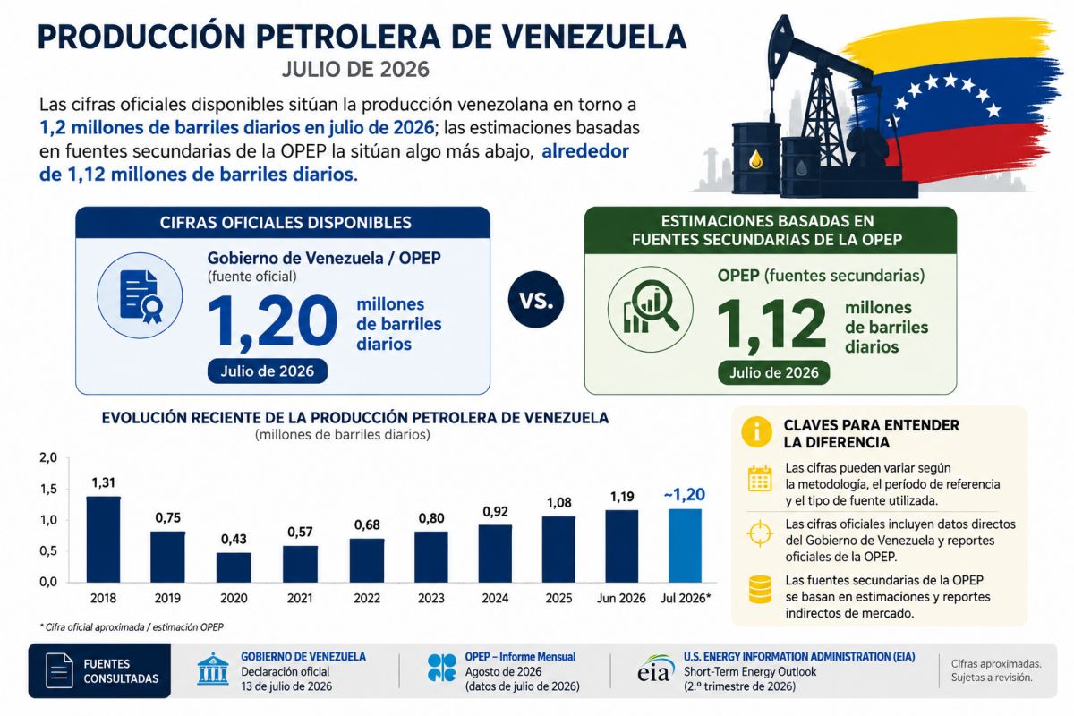 Infografía que ilustra la producción petrolera de Venezuela con datos actualizados, viñetas y diseño atractivo.