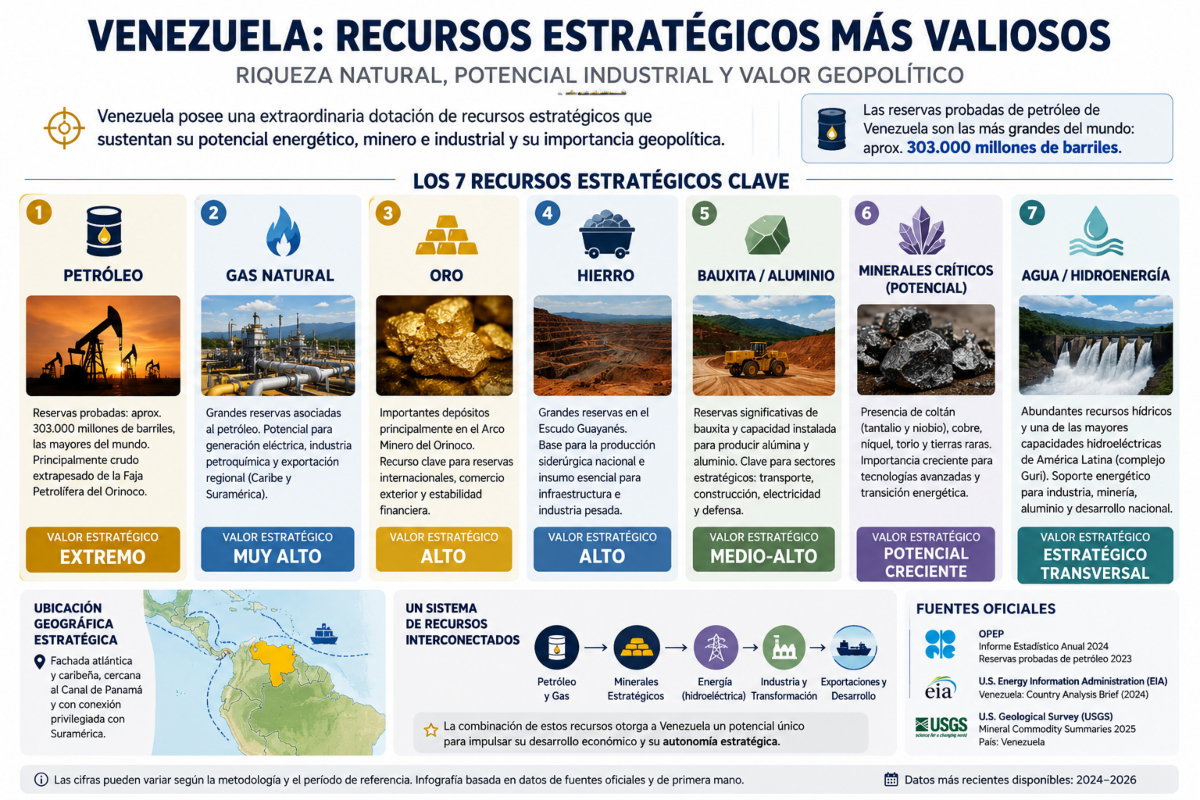 Infografía sobre los principales recursos estratégicos de Venezuela. Reservas, ubicación y fuentes que sustentan la veracidad de la información.