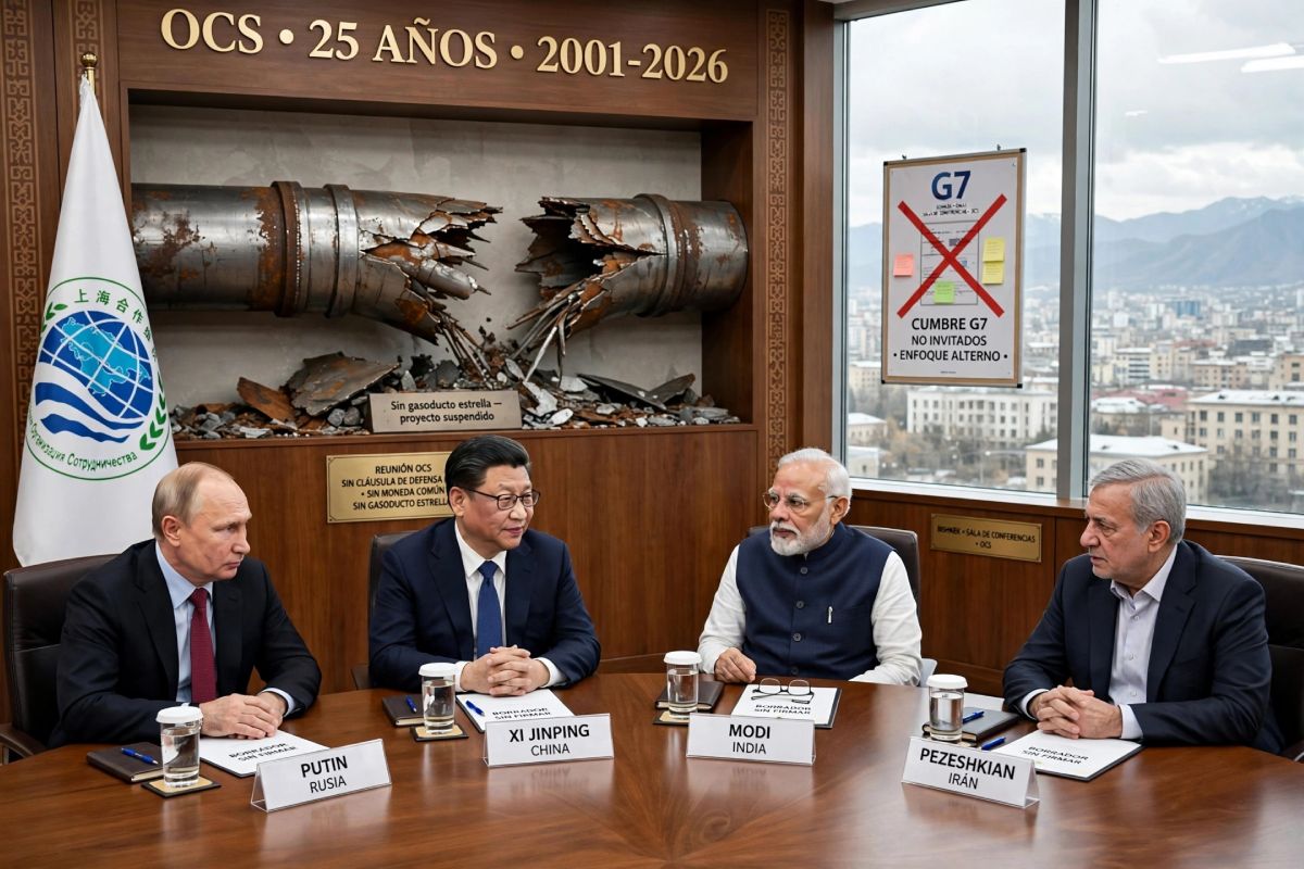 Mesa redonda simbolizando la reunión de la OCS 2026 en Bishkek. Los presidentes chino, ruso, indio e iraní.