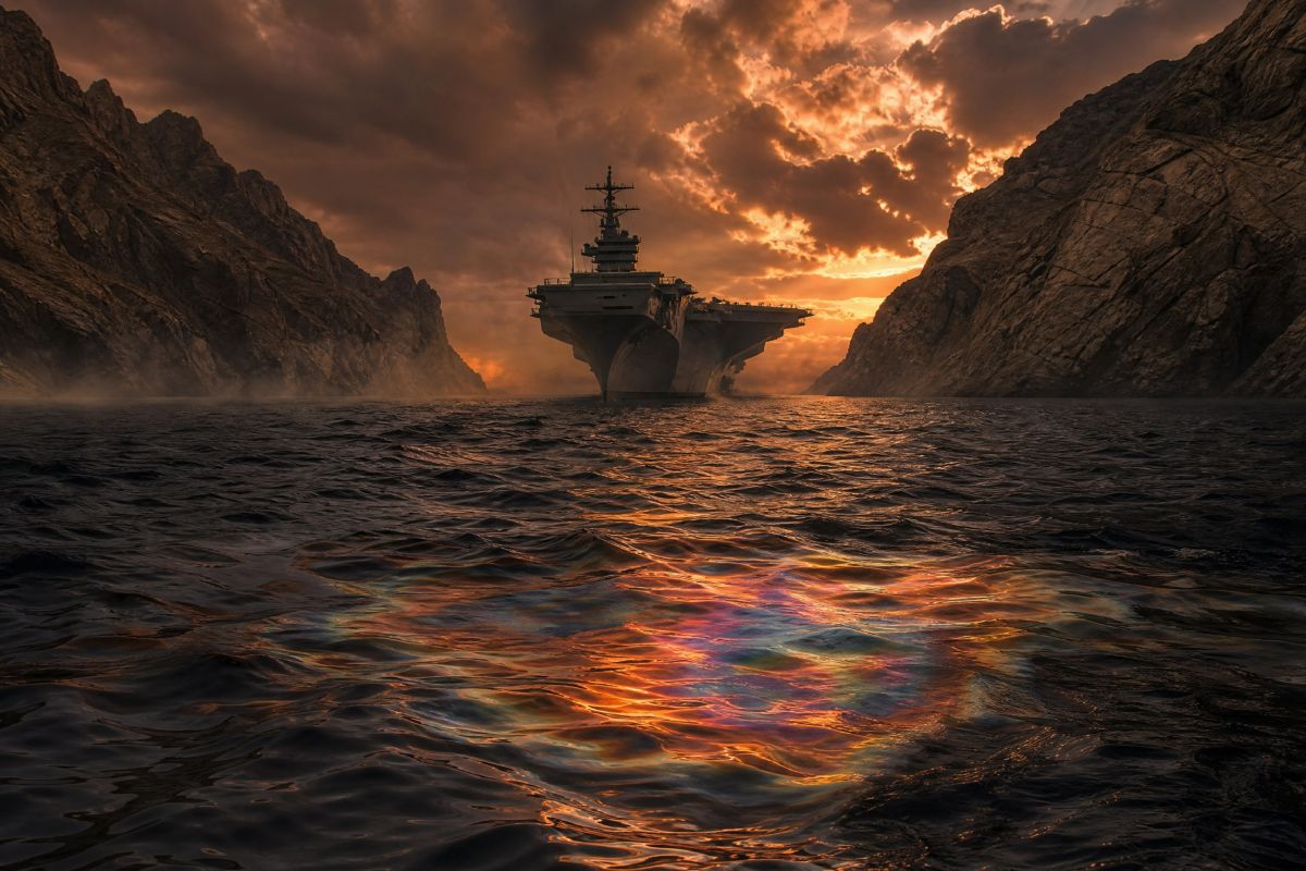 Portaaviones cruzando un estrecho por algún lugar del mundo, durante un atardecer. Representa la maquinaria estadounidense desplazándose en el marco del conflicto EEUU-Irán.   