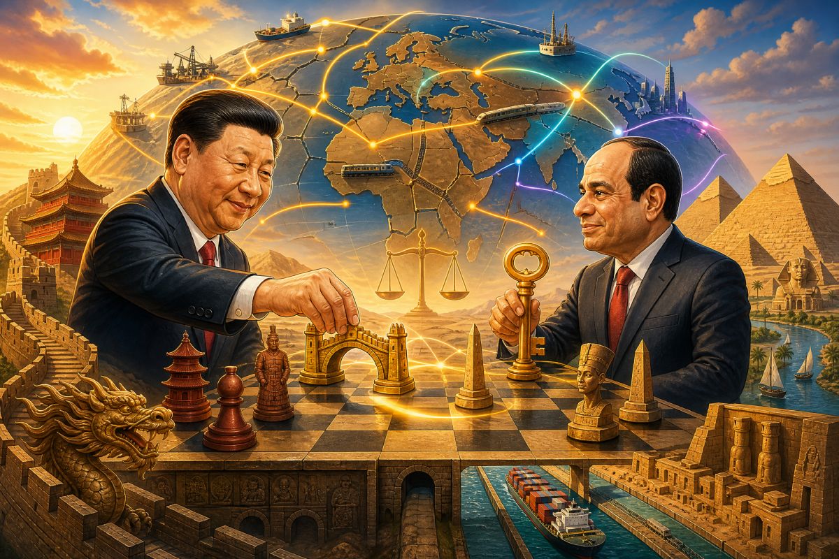 Presidentes de China y Egipto; Xi Jinping y Abdel Fattah El-Sisi en una partida de ajedrez con piezas legendarias tradicionales, representando acuerdos y disputas geopolíticas. 