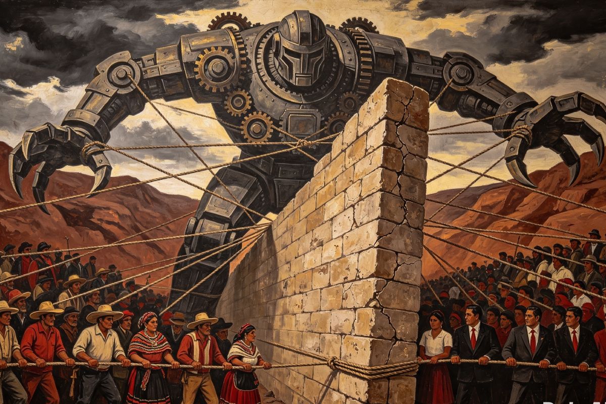 Muro de piedra antiguo, símbolo de soberanía, se alza con grietas. Gigante mecánico industrial avanza, detenido por cuerdas de comercio y lazos humanos. Pueblo sostiene con firmeza. Paisaje árido, cielo tormentoso, tenso equilibrio.