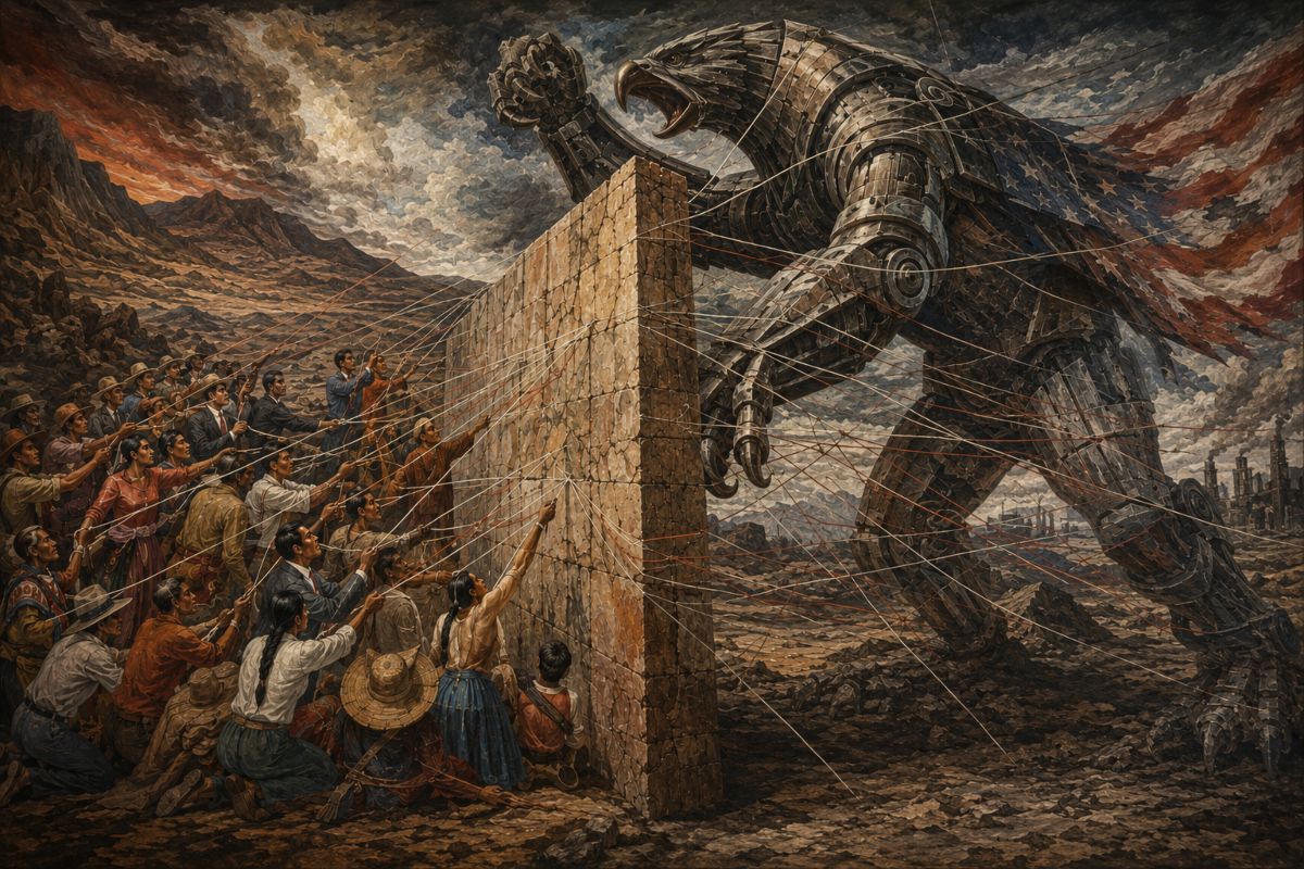 Imagen de una pared de piedra que resiste a gigante mecánico, unido por hilos que simbolizan comercio, migración y diplomacia actual.