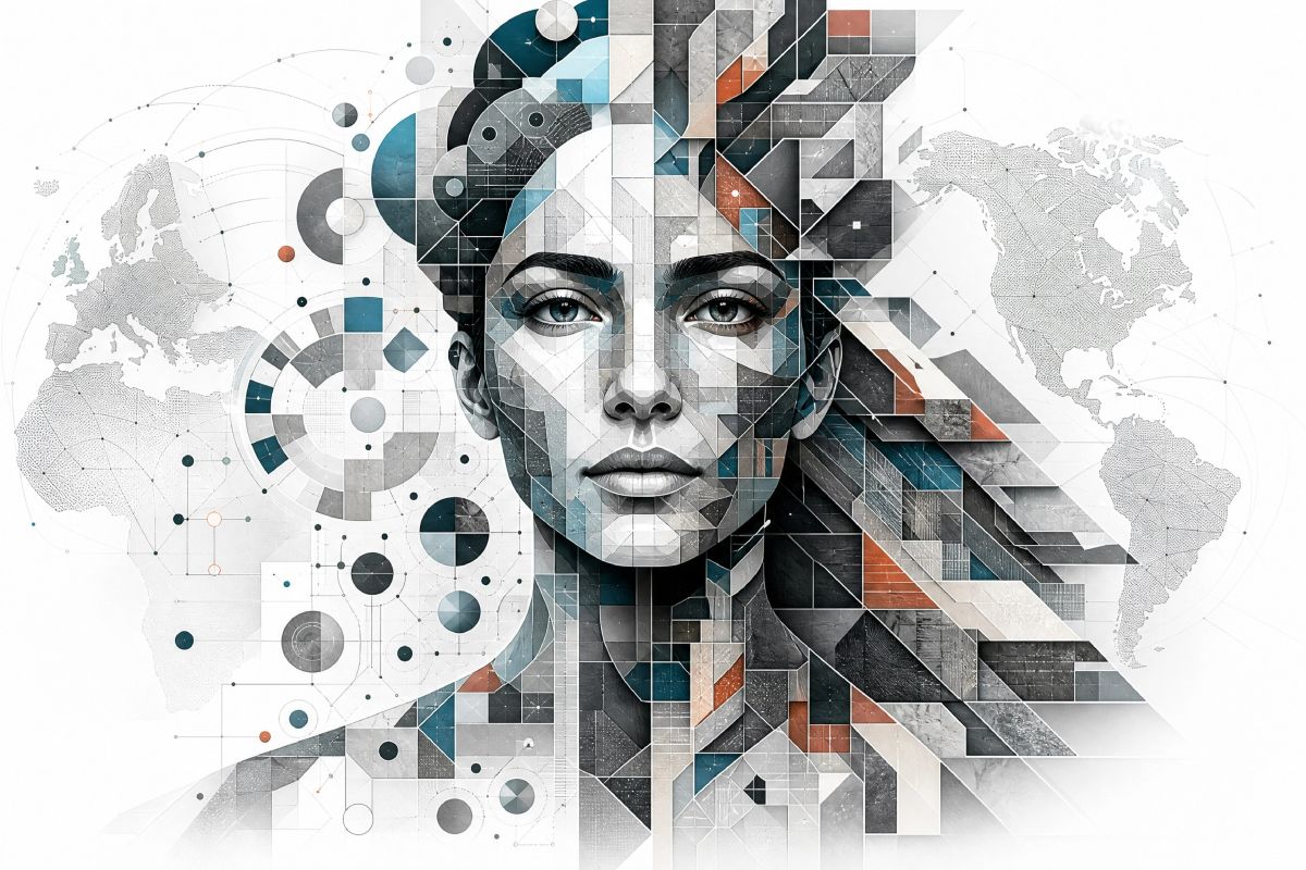 Un rostro femenino templado con estilo mosaico y tonos claros representando la soberanía estratégica de las nacionaes.