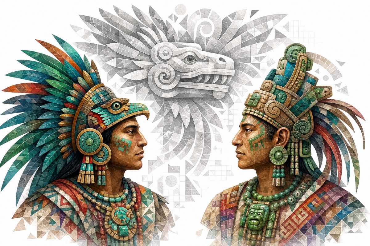 Guerreros azteca y maya mirándose frente a frente. Sobre ellos, Quetzalcoatl. Imagen representativa de una lucha por la soberanía estratégica. 