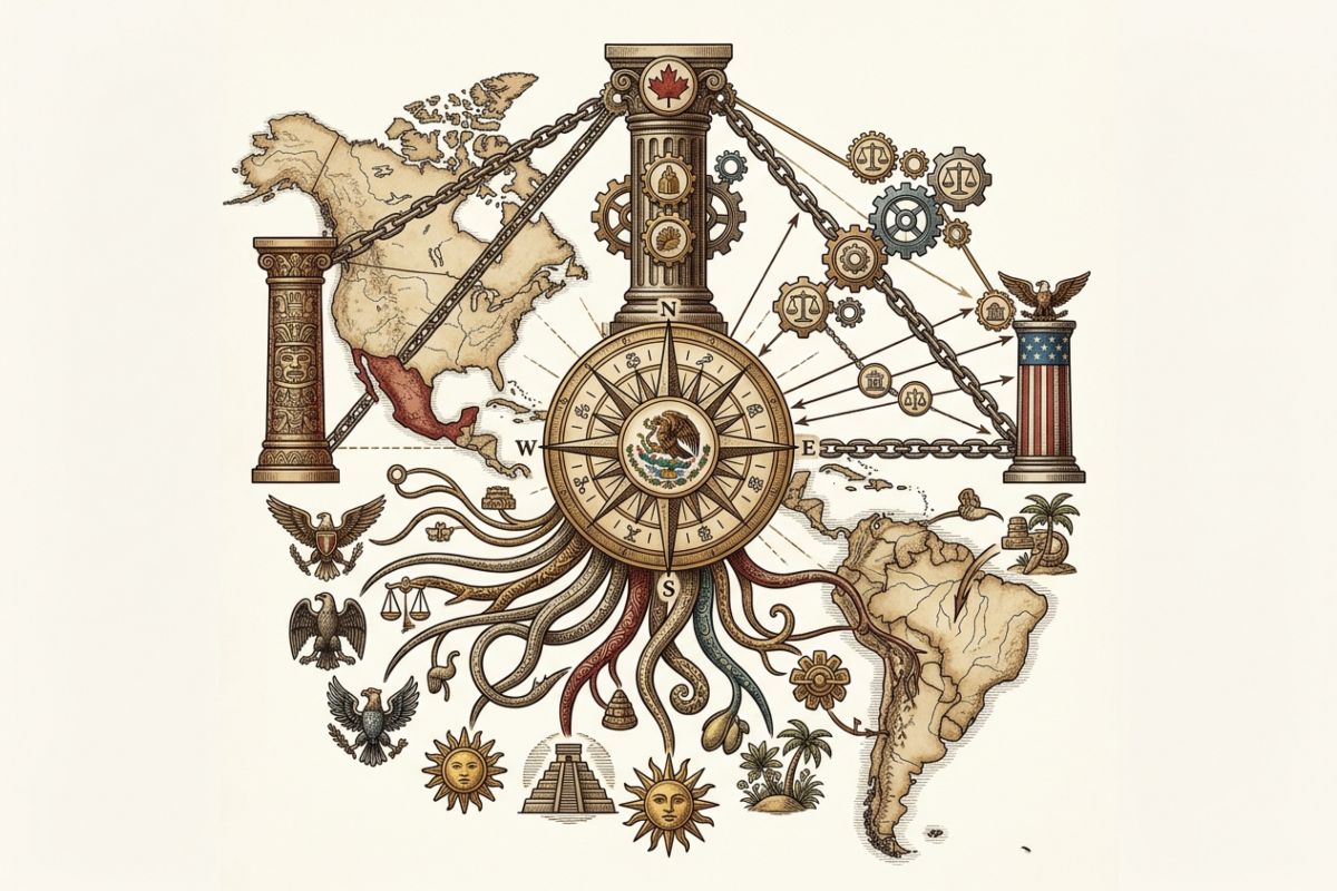 Imagen vintage ilustrando el trilemma México-EEUU-Canadá y su posicionamiento frente a China. Recursos mexicanos abundantes.
