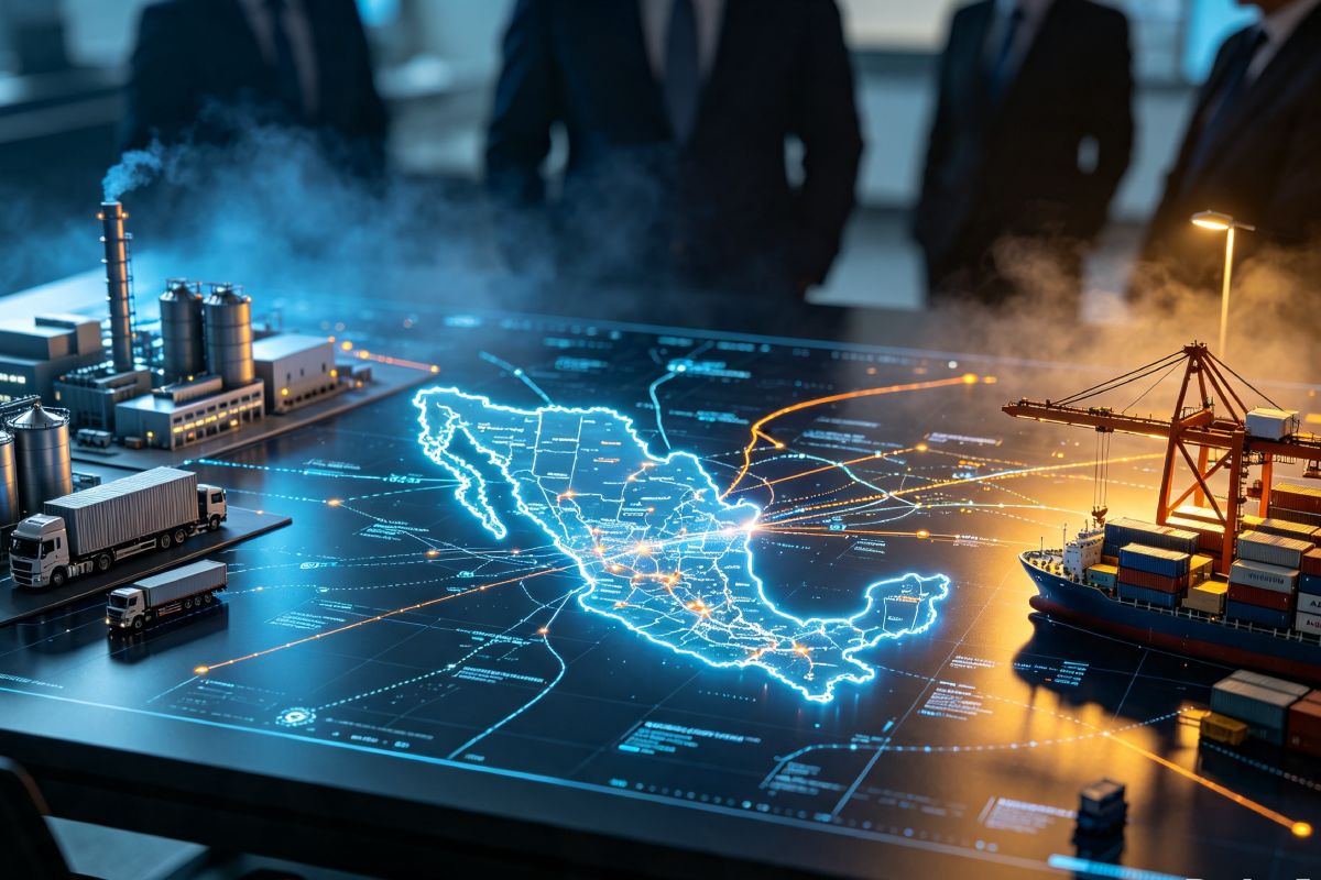 Vista en primer plano de mapa digital luminoso de México con rutas comerciales. A la izquierda, industria y transporte; a la derecha, puerto con contenedores. Figuras de analistas al fondo. Representa la posición bisagra y poder de negociación en el comercio global.