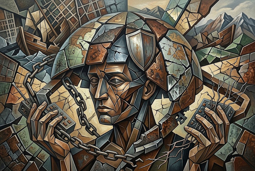 Un soldado, el mapa hemisférico de América y cadenas; con estilo cubismo, representan la nueva reconfiguración de seguridad regional.  