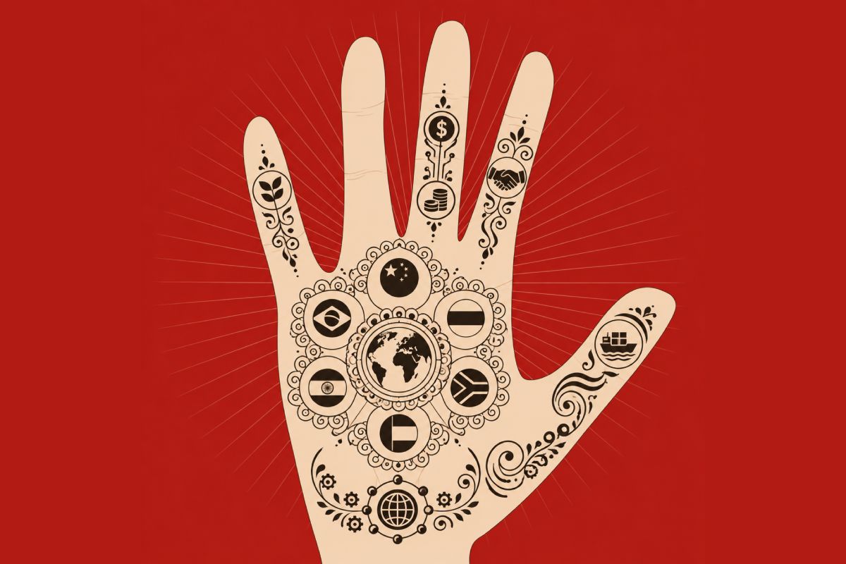 la palma de una mano contiene los dibujos de los fundadores de los BRICS haciendo referencia a sus objetivos comerciales, de seguridad e intereses. La imagen tiene estilo indú en colores rojo, negro y carne.