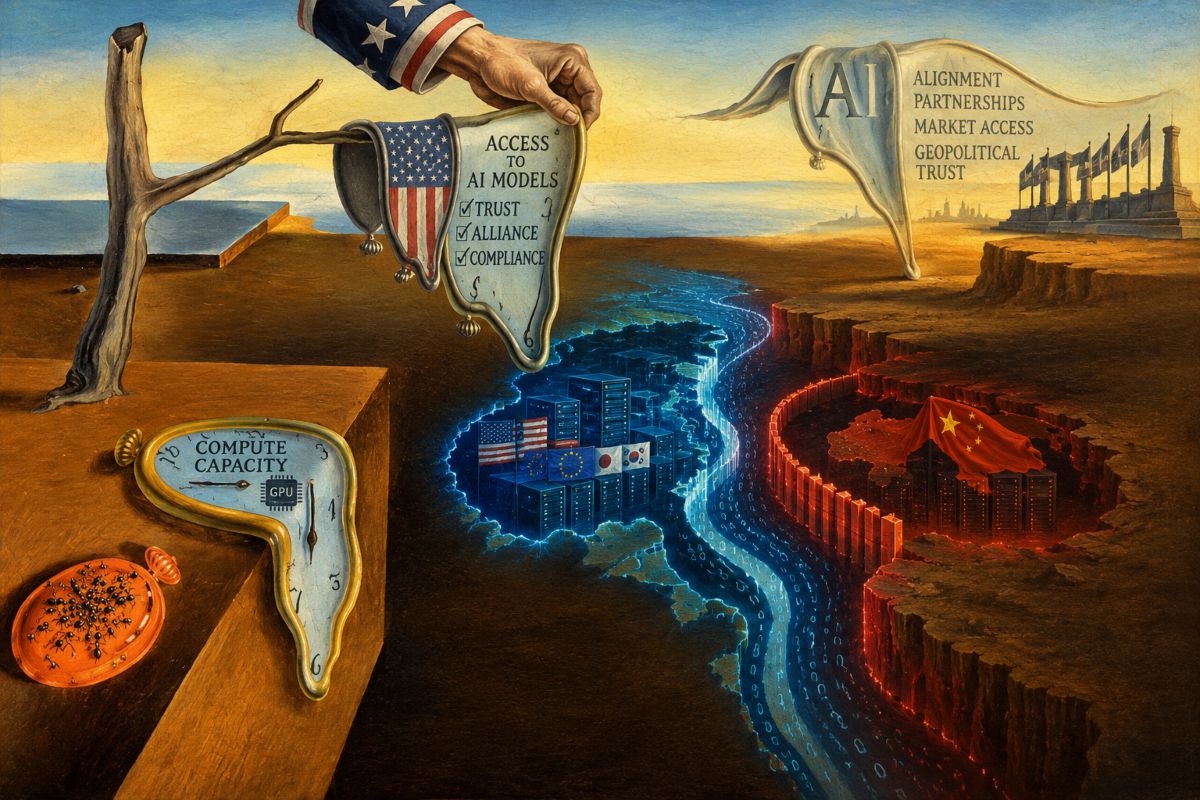 Imagen abstrata que ilustra el control estadounidense del acceso a modelos y capacidad de cómputo de IA, control que no responde únicamente a restricciones de hardware.