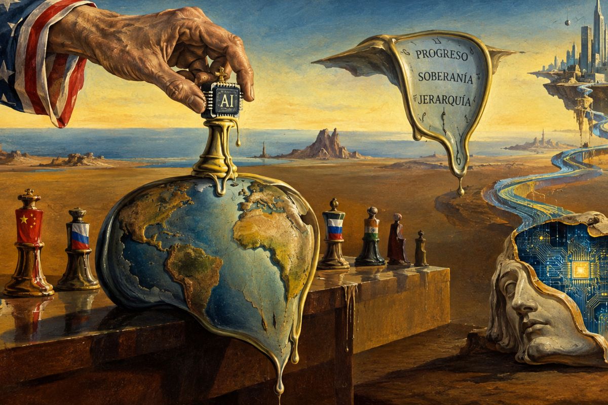 Imagen metafórica que representa que quién controle el desarrollo tecnológivo y la IA, controlará el poder global.