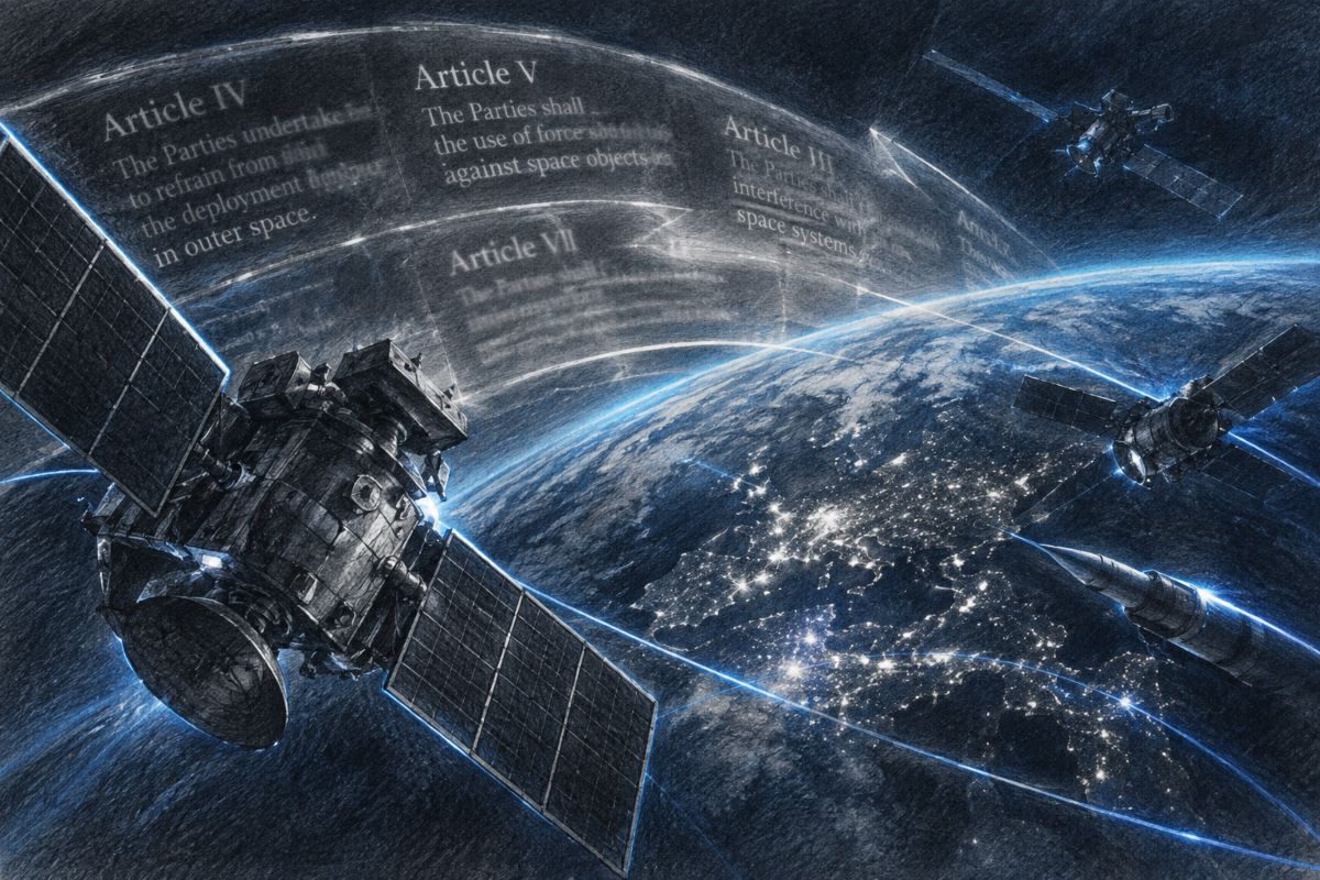 Una vista de órbita terrestre baja en tonos oscuros y azul profundo. En primer plano, satélites militares y sistemas de intercepción orbital aparecen parcialmente ocultos entre sombras y líneas de luz.