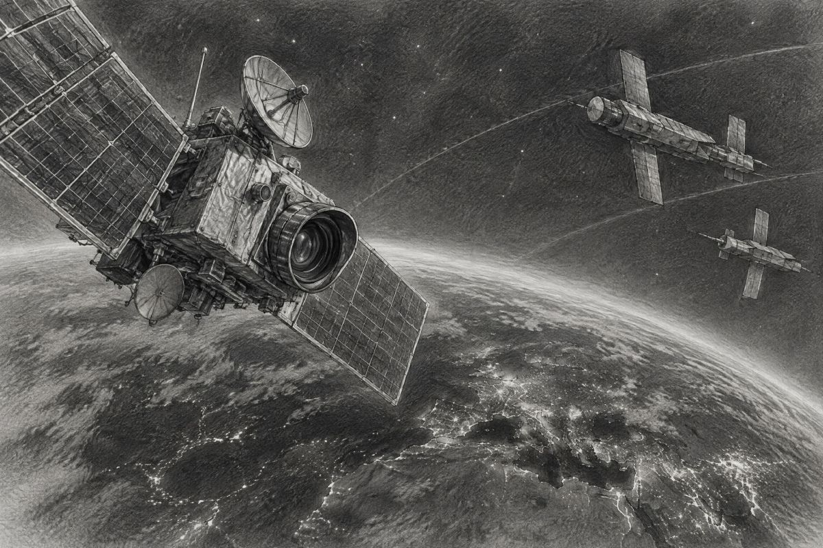 Dibujo a lápiz de satélites militares y sistemas orbitales sobre la Tierra nocturna, con luces urbanas y trayectorias curvas.
