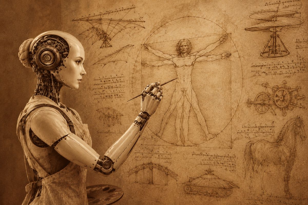 Un robot femenino pinta un mural del "Hombre de Vitruvio" e inventos de Leonardo Da Vinci como elementos secundarios en tonos sepia.