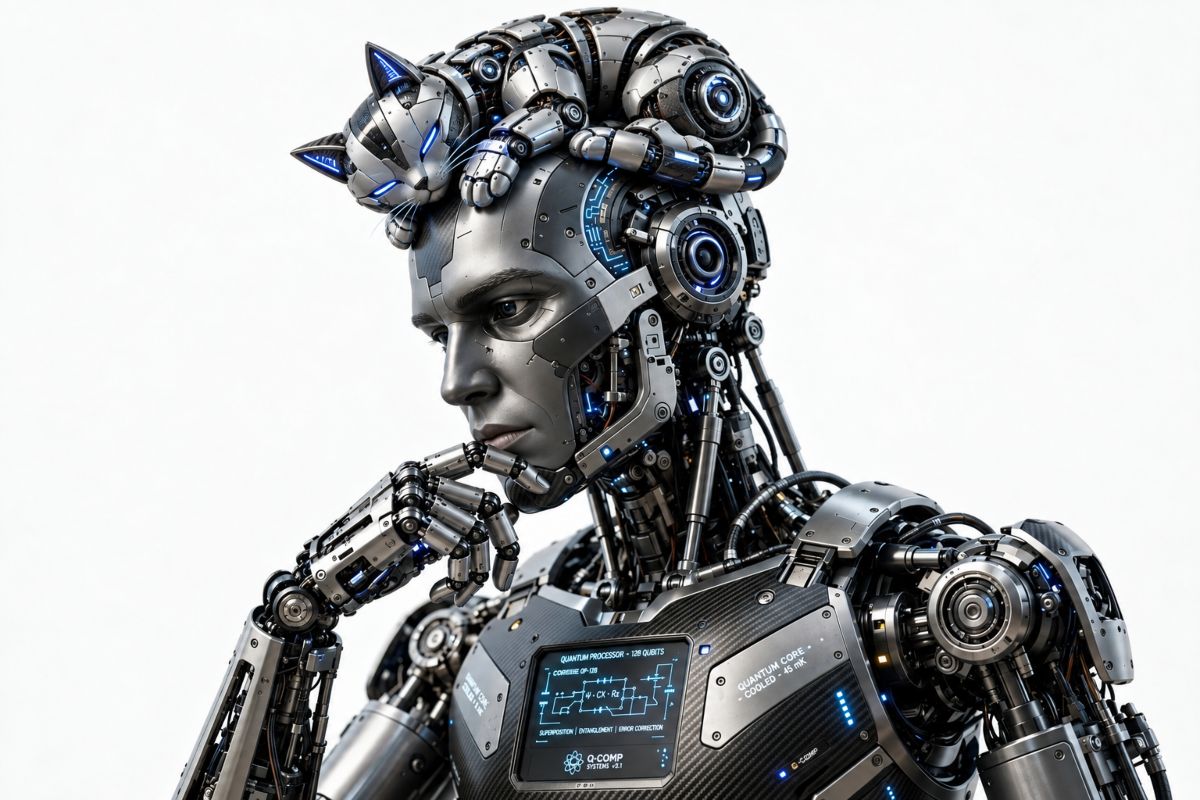 Un gato mecánico durmiendo sobre la cabeza de un robot, fondo blanco, representa el futuro de la computación cuántica.