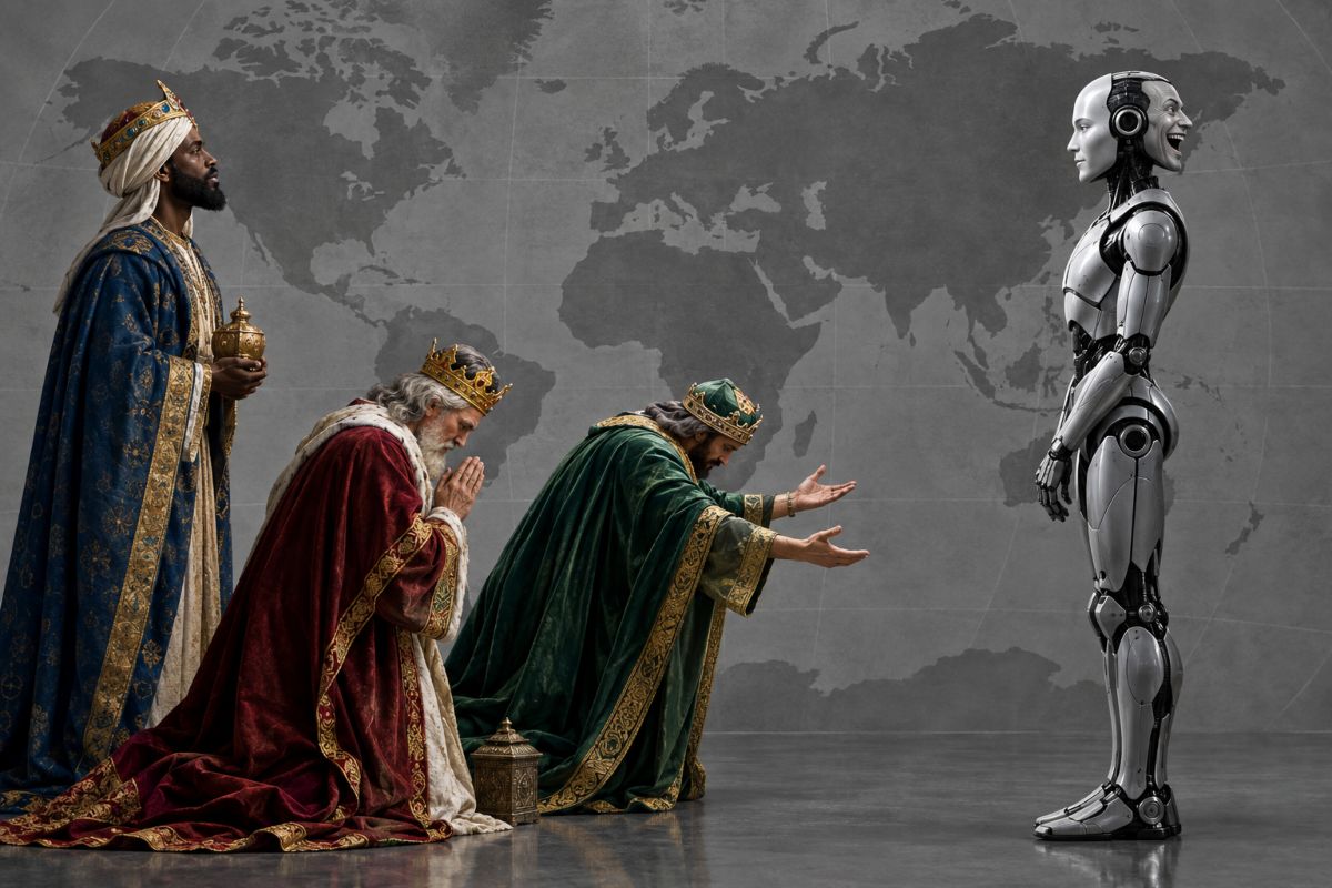 Los tres reyes magos y un robot representan la subordinación simbólica del poder político, religioso y cultural ante la inteligencia artificial.