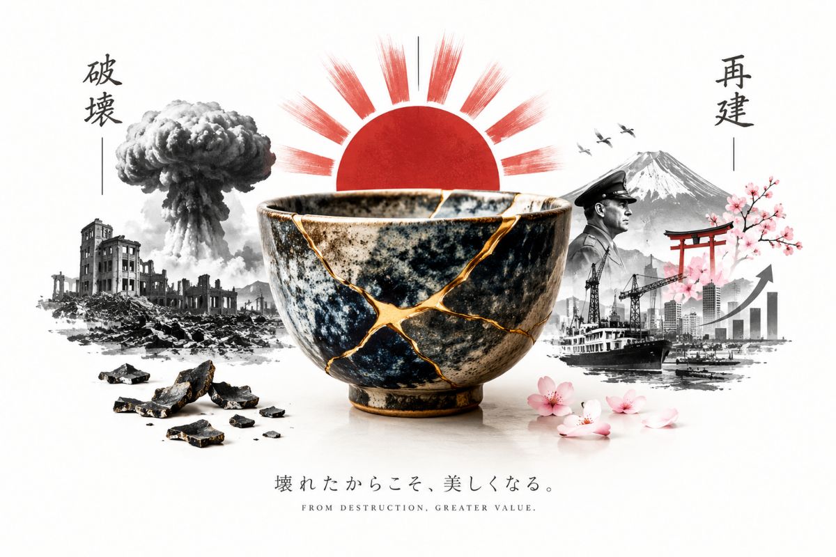 Kintsugi: una vasija rota une destrucción y reconstrucción con oro junto a Hiroshima, el Sol Naciente y símbolos de progreso.
