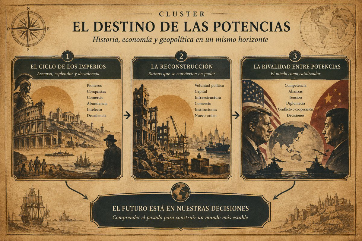 Ilustración del cluster de tres ensayos de análisis geopolítico sobre el destino de las potencias.