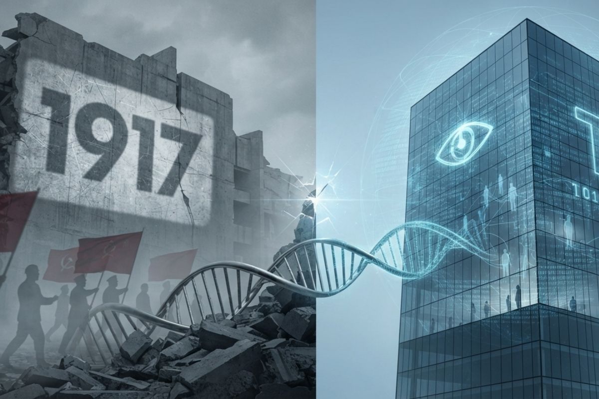 La imagen representa la destrucción desde 1917 y el progreso moderno en la era soviética. Una cadena de ADN implica evolución social. 