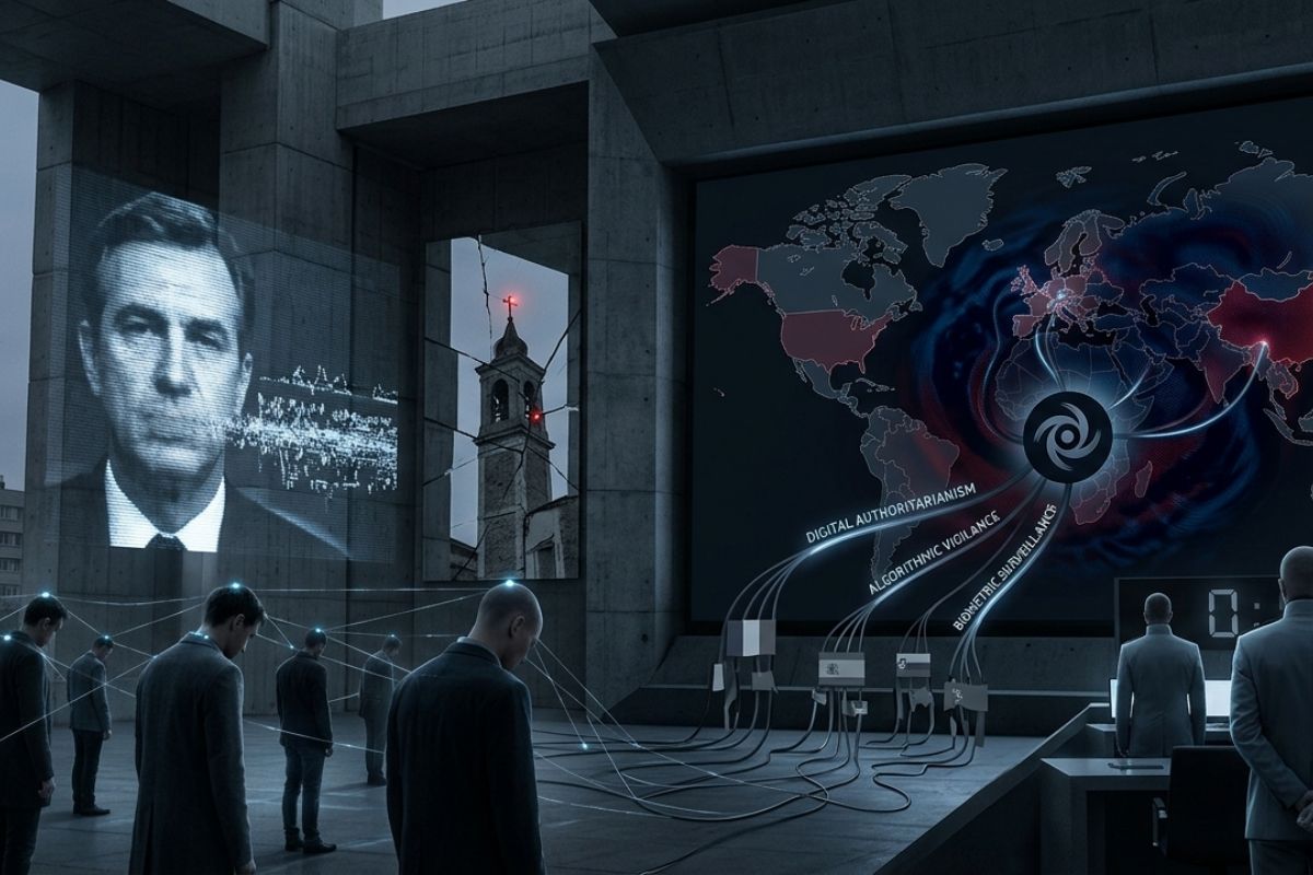 La imagen ilustra el vector geo-social como causa un descenso hacia una sociedad tecno-controlada en Occidente.
