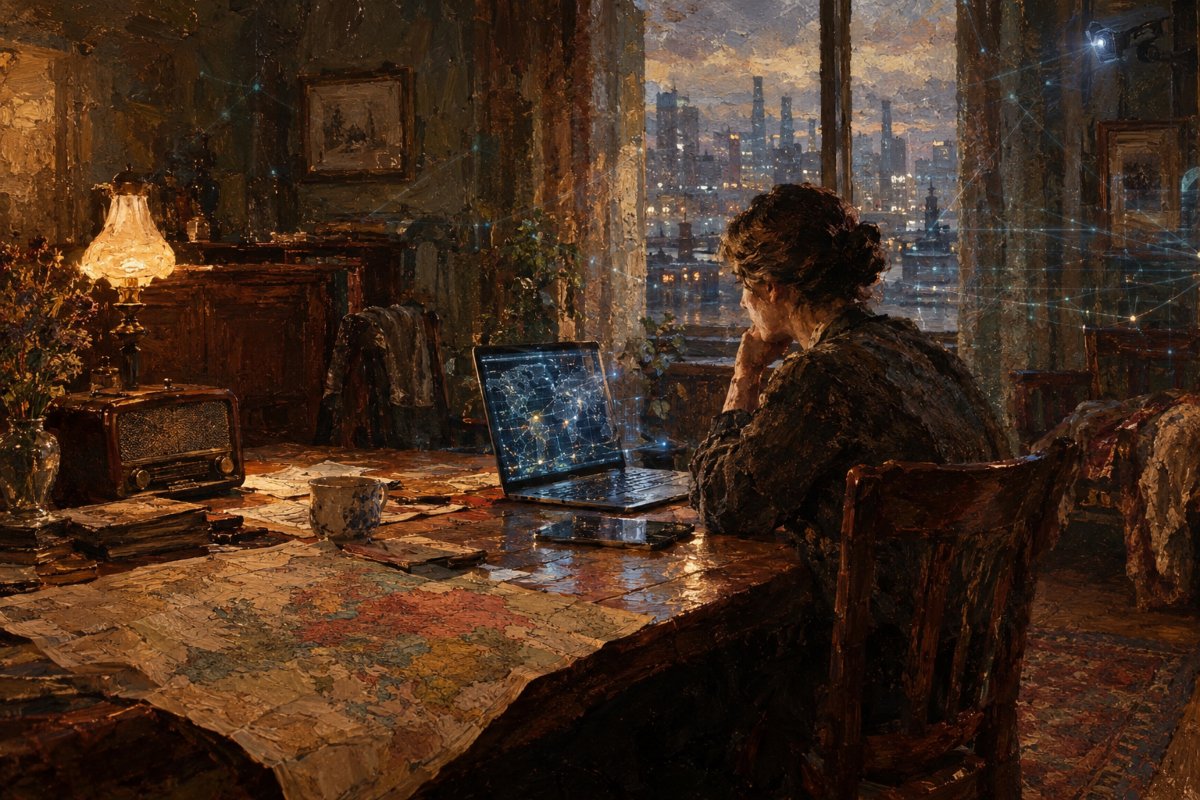 Una escena de atmósfera íntima y contemplativa condensa el encuentro entre pasado y futuro. Pintura en colores ocres.