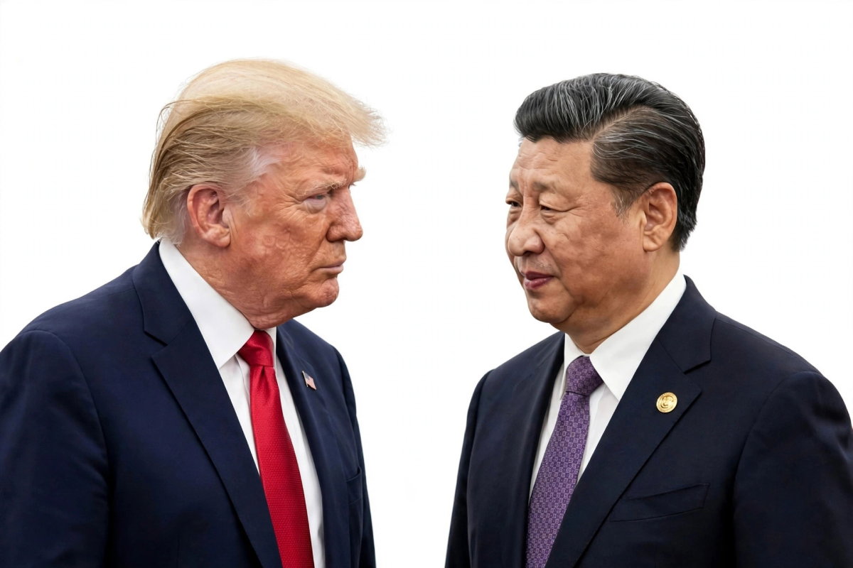 Presidentes Donald Trump y Xi Jinping frente a frente en un fondo blanco. Representa una rivalidad estratégica en el marco del orden mundial.