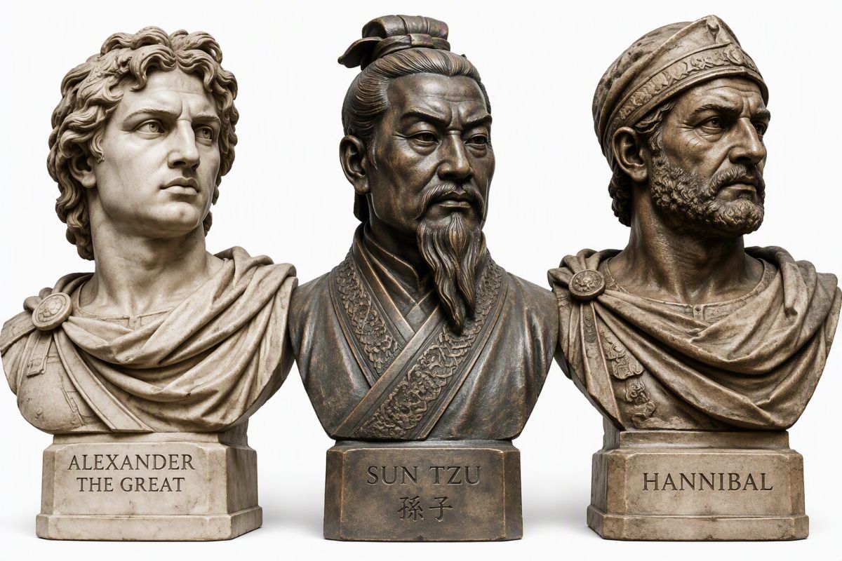 Bustos de los legendarios estrategas militares Alejandro, Sun Tzu y Anibal. Fondo blanco y tallados en mármol, hierro y piedra.